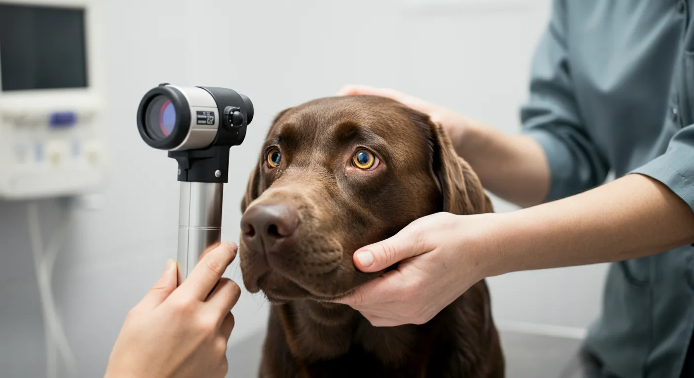 Labrador Retriever during veterinary ophthalmologic examination for PRA screening