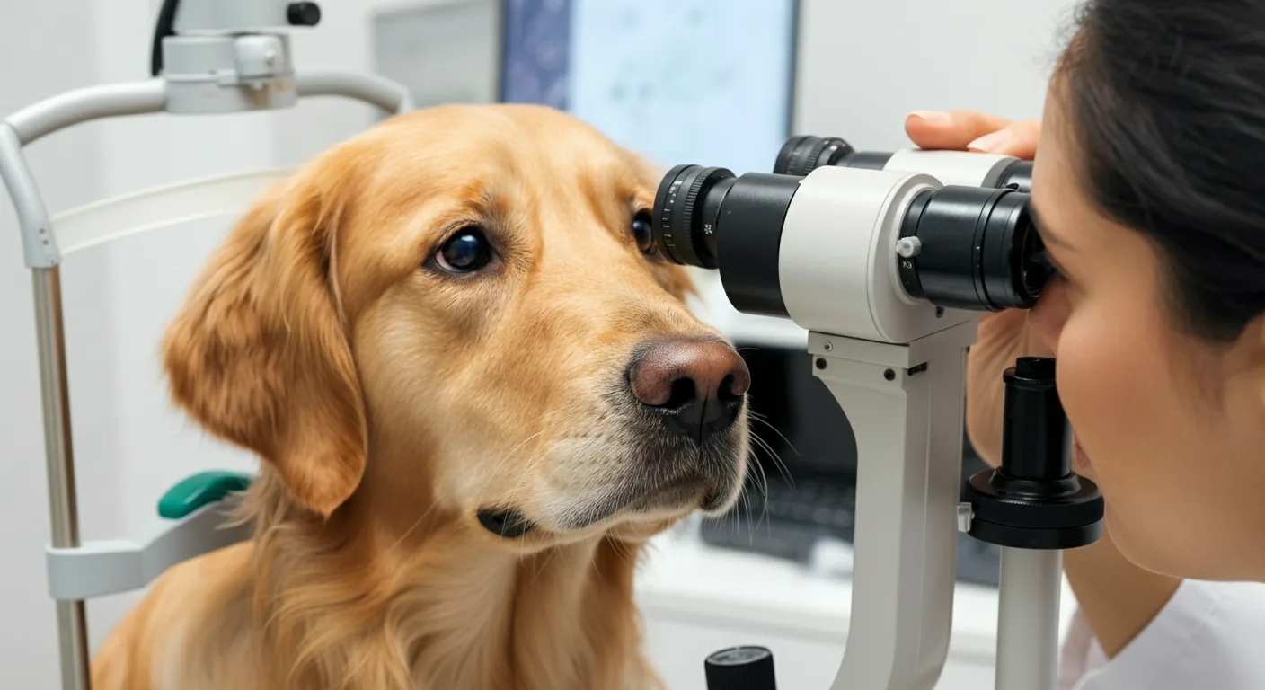 Veterinary ophthalmologist performing retinal examination using slit lamp on a dog
