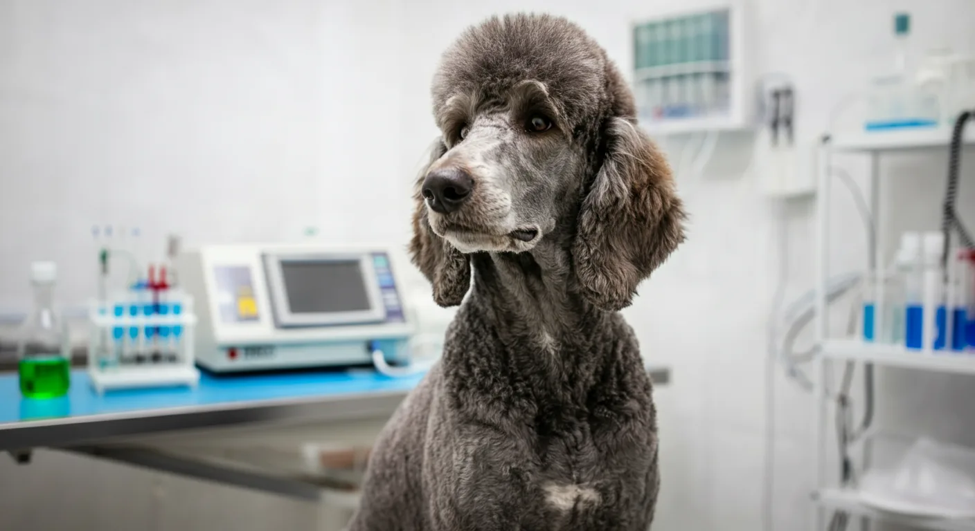 Standard Poodle at veterinary genetics clinic for PRA testing