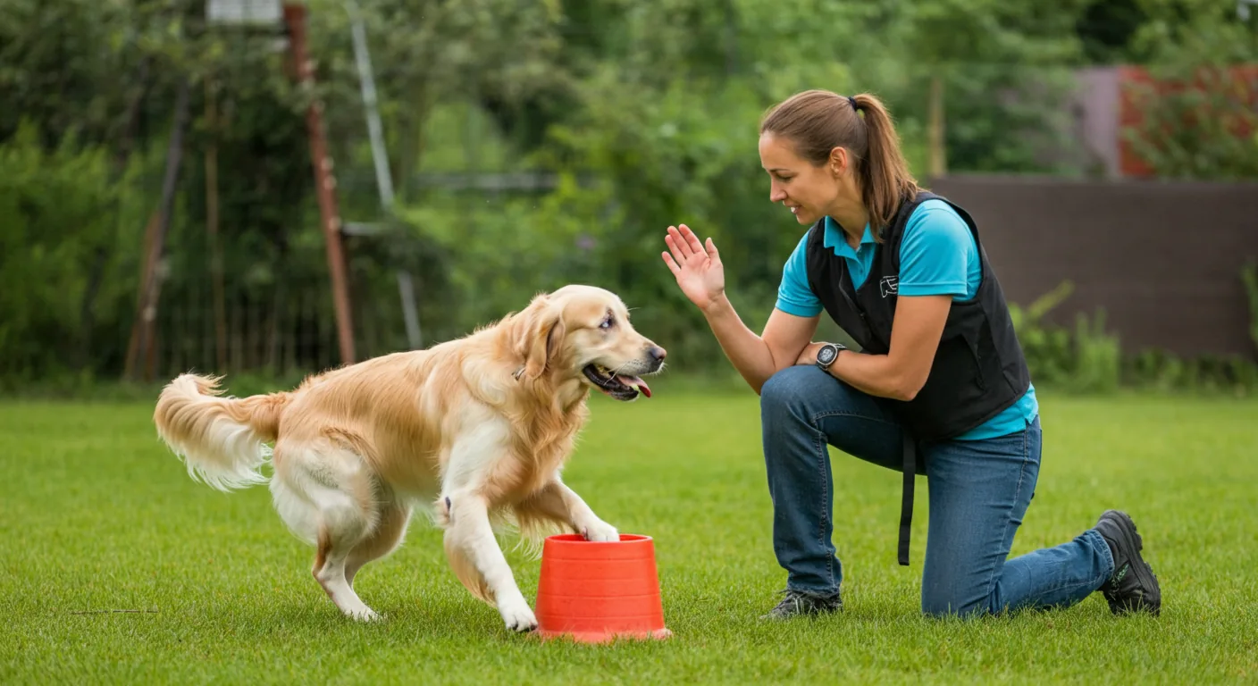 Trainer working with a blind dog using positive reinforcement techniques