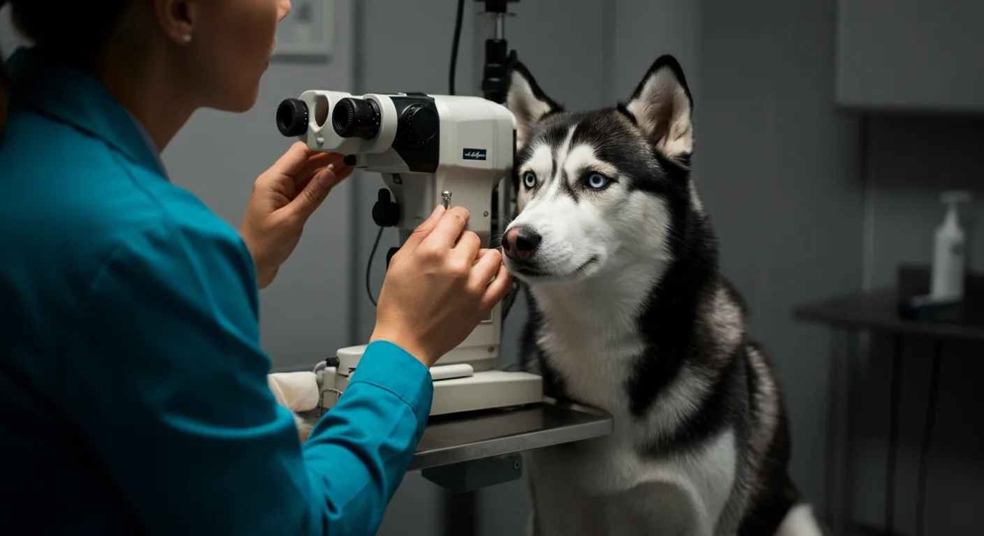 Siberian Husky at veterinary ophthalmology clinic for X-linked PRA screening